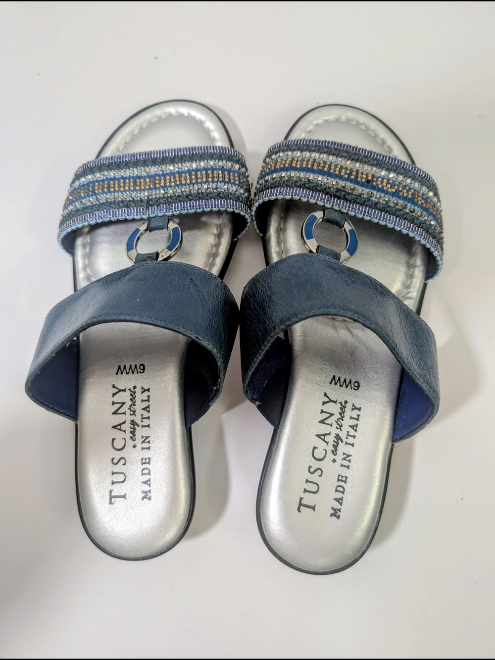 Tuscany by Easy Street Navy Beaded Wedge Slide Sandals Italy 6W NWOT